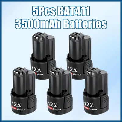 Zdjęcie produktu dla Akumulator do narzędzi – zamienny akumulator litowo-jonowy 12 V, 3500 mAh, kompatybilny z modelami BAT411, BAT411A, BAT412A, BAT413A i PS20-2 – z ładowarką zgodną z normami UE – zestaw 5 sztuk