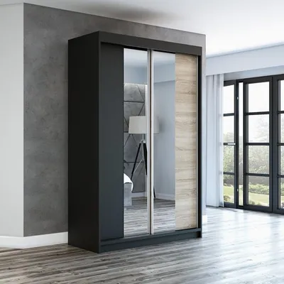 Produktbild von Schwebetürenschrank, 2-türig Schrank mit Spiegel! Moderne Garderobe für Kleidung. Verschiedene Farben (Weiß, Schwarz, Somona) Kleiderschrank NEO 120 cm