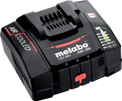A black battery charger with red and white accents, shown from a slightly elevated angle against a white background.
