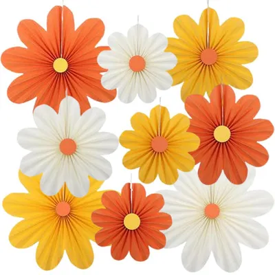 Produktbild von Papierblumen Deko Set 9 Stück Orange Gelb Weiß 20-35 cm mit Schnur und Büroklammern