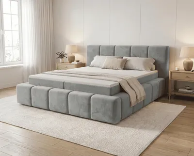 Obrázok produktu pre Postel s pružinovou základňou 160x200 cm Calisto – matrac H3, vrchná matrac, zásuvka pod posteľ – poťah z velúru, sivá farba, Obrázok generovaný UI