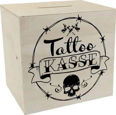 Produktbild von Spardose aus Holz mit coolen Tattoo-Motiven in weiß - Tattookasse