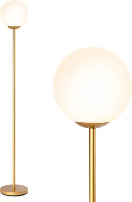 A modern floor lamp with a spherical white shade and a gold-colored stand, shown against a white background.
