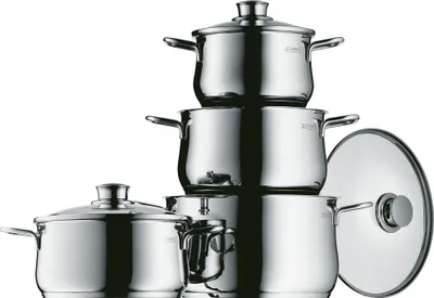 Zdjęcie produktu dla WMF Diadem Plus zestaw garnków 4-częściowy, stal nierdzewna Cromargan polerowana, garnki ze szklaną pokrywką, garnki indukcyjne, garnek indukcyjny, bez powłoki