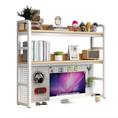Produktbild von 2-stöckiges freistehendes Schreibtisch-Bücherregal – Weiß – modernes Büro- und Wohnraum-Regal aus MDF und Metall