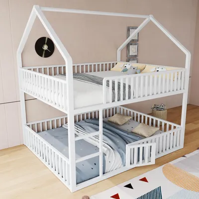 Produktbild von okwish Etagenbett 140×200 Kinderbett mit zwei Matratze,Stockbett mit Treppe und Loft-Design,Unteres Bett mit Tür,Jugendbett mit Rundum-Sicherheitsgeländer,Weiß