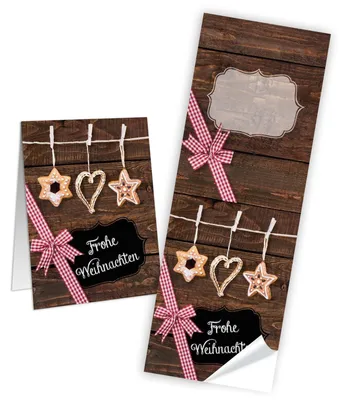 Produktbild von 10 Aufkleber Sticker FROHE WEIHNACHTEN rot weiß braun kariert Strohschmuck 5 x 14,8 cm Holz-Optik natürlich Weihnachtsaufkleber Banderolen für Weihnachtstüten Geschenktüten Papiertüten - Verpackung10 Stück