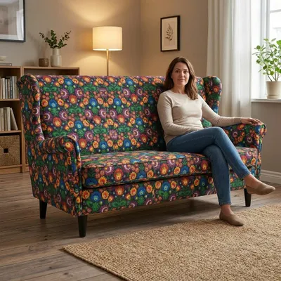 Produktbild von Schlafsofa ARI Poly 5 – im Ohrensessel-Stil, Webstoff in Schwarz (Folklore-Muster), Family Meble, KI-generiertes Bild
