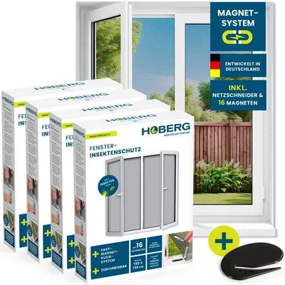 Produktbild von Hoberg Fenster-Moskitonetz 150 x 130 cm - 16 Magnetbefestigung - Schwarz - 4er-Set