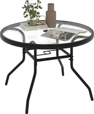 Zdjęcie produktu dla Okrągły szklany stół ogrodowy z otworem na parasol, 70 cm