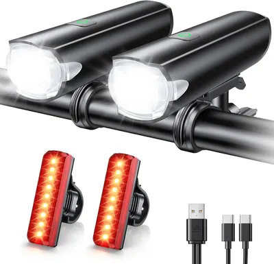 Obrázek produktu pro Přední a zadní osvětlení pro kola, nabíjecí LED světla s 3 režimy pro přední světlo a 6 režimy pro zadní světlo, vodotěsné (IP65)