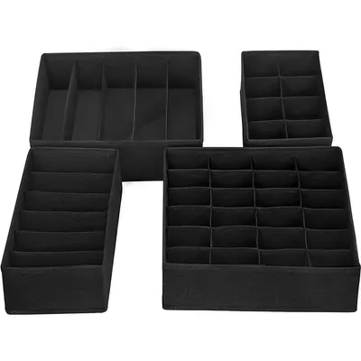 Four black fabric drawer organizers with multiple compartments, arranged on a white background.