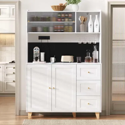 Produktbild von Highboard Küchenschrank mit verstellbaren Regalen Schubladen Riffelglas Wohnzimmer Natur