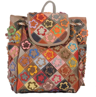 Image de Sac à dos Cyty Back en cuir véritable, motif patchwork, fait main, modèle 30665