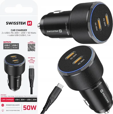 Zdjęcie produktu dla SWISSTEN ŁADOWARKA SAMOCHODOWA 2x USB-C PD 50 W + kabel USB-C 1m