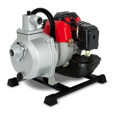 A water pump with a red engine and silver pump housing, shown on a white background.