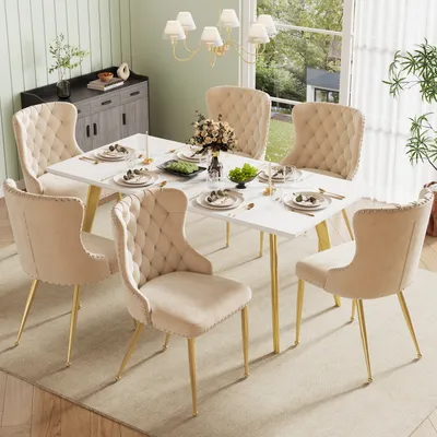 Produktbild von Flieks moderne Stühle, 6er-Set Esszimmerstuhl mit Samtbezug, Loungesessel mit goldenen Beinen, Atmungsaktives Material für alle Jahreszeiten, beige