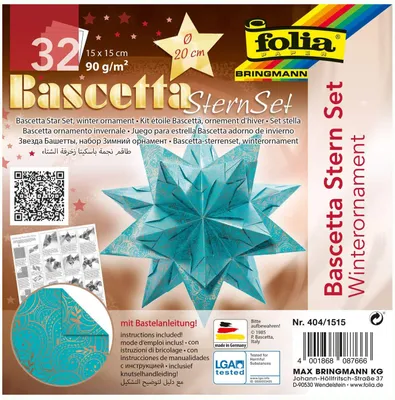 Produktbild von folia 404/1515 - Bastelset Bascetta Stern Winterornament türkis/kupfer, 32 Blatt, 15 x 15 cm, fertige Größe des Papiersterns ca. 20 cm, mit ausführlicher Anleitung - ideal zur zeitlosen Dekoration