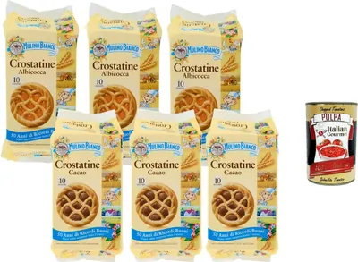 Produktbild von Mulino Bianco Crostatine Albicocca & Cacao, Mix aus Aprikosen- und Kakaotörtchen, 6 x 400 g (60 Snacks) italienisches Gebäck + Italian Gourmet polpa