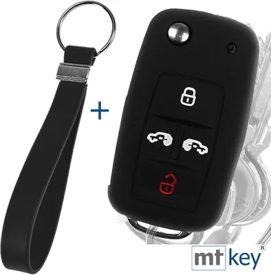 Produktbild von Auto Schlüssel Silikon Schutz Hülle + Schlüsselband Schwarz Kompatibel mit VW Multivan Sharan T5 T6 Caddy Seat Alhambra 4 Tasten Klappschlüssel