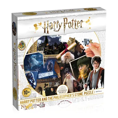 A product shot of a Harry Potter puzzle box, featuring various images from the movie.