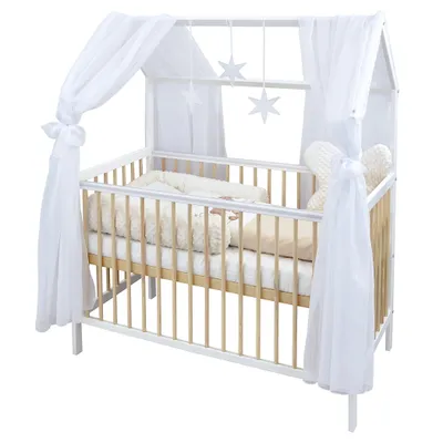 Produktbild von Baby-Delux Hausbett Kinderbett Gitterbett Weiß Natur 60x120 Beißschienen Schutzgitter Matratze Bett Set Traumland Beige