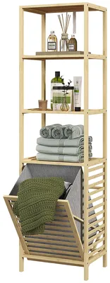 Produktbild von Badezimmerregal aus Bambus mit 3 Ablagen und 1 herausnehmbarem W?schekorb, 44 x 33 x 160 cm (L x B x H)