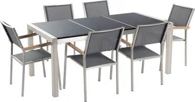 Produktbild von BELIANI Gartenmöbel Set Schwarz Grau Granit Edelstahl Tisch 180 cm Poliert 6 Stühle Terrasse Outdoor Modern