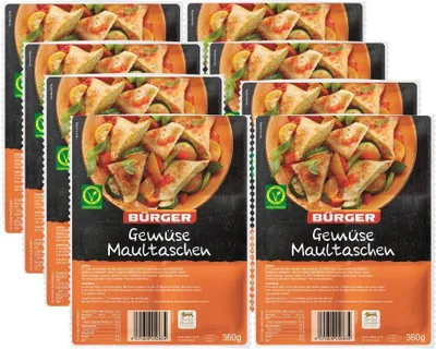 Produktbild von BÜRGER Gemüse-Maultaschen – Vegetarische Teigtaschen mit feiner Gemüsefüllung, ideal für Suppe, Pfanne & Auflauf, 8 Beutel á 360 g