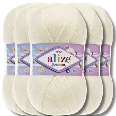 Produktbild von Alize 5x 100g Sekerim Bebe Wolle, Uni, Stricken, Häkeln (Cream - 01)