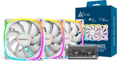 Obrázok produktu pre MONTECH AX120 PWM ARGB Lüfter 3er Pack weiß - 120mm 3 IN 1 Pack W - Gehäuse-Lüfter - 1.600 rpm