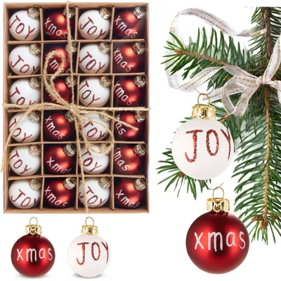Produktbild von BRUBAKER 24er Set Weihnachtskugeln Joy & Xmas - 3 cm Mini Christbaumkugeln - Christbaumschmuck handbemalt - Bruchsichere Baumkugeln, Rot und Weiß