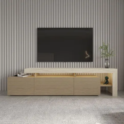 Image de Skye Decor, support TV de haute qualité, en travertin et en bois de chêne chaleureux, dimensions : 192 x 53 x 37 cm. Fabriqué en panneaux de particules mélaminés de 18 mm d'épaisseur. Inclut un éclairage LED. Design moderne.