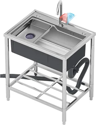 Produktbild von Freistehendes Waschbecken aus Edelstahl für den Außenbereich mit heißem und kaltem Wasserhahn, Einzelbeckenspüle für Garage, Werkstatt, Waschküche und Camping
