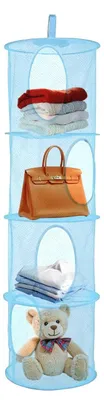 Image de Panier de rangement suspendu en filet, panier de rangement à 4 compartiments, panier de rangement suspendu pliable en filet, panier de rangement suspendu pour jouets (bleu)