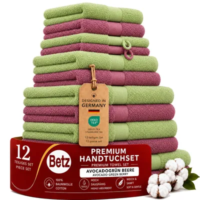 Produktbild von Betz 12-tlg. Handtuch-Set PREMIUM 2 Duschtücher 4 Handtücher 2 Gästetücher 2 Seiftücher 2 Waschhandschuhe  Farbe: beere/avocadogrün