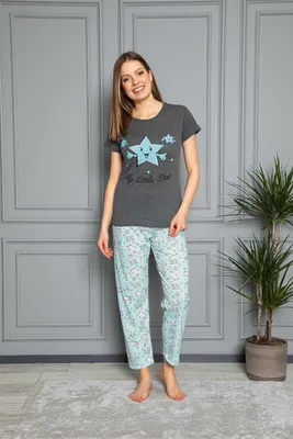 Produktbild von Damen Pyjama Schlafanzug Grau M Kurz 2-Teiler Set A-86