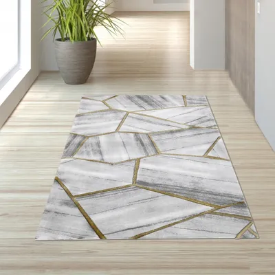 Immagine prodotto di Tappeto da salotto con motivo geometrico nei toni del grigio e dell'oro - Dimensioni: 80 x 150 cm
