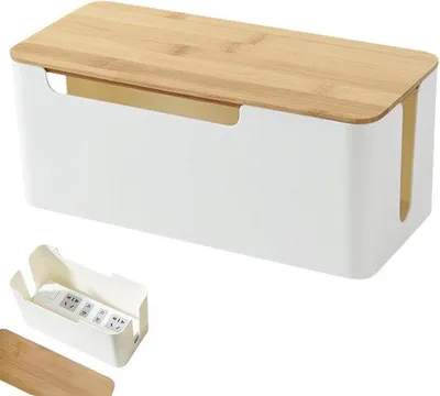 Produktbild von Famanu Kabelbox Kabelmanagementbox - Kunststoff mit Holzdeckel - Weiß - Groß