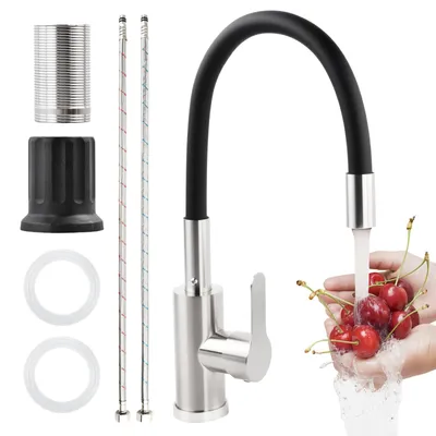 Image de Robinet de cuisine flexible, pivotant à 360 degrés, mitigeur à un levier, chromé, noir
