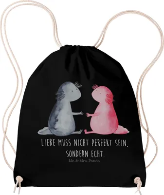 Produktbild von Mr. & Mrs. Panda Jutebeutel Axolotl Liebe - Schwarz - Geschenk, wander rucksack, gymnastiktasche, stoff, Beutel, Lurch, Fitness Tasche, Valentinstag, gym, Ehemann