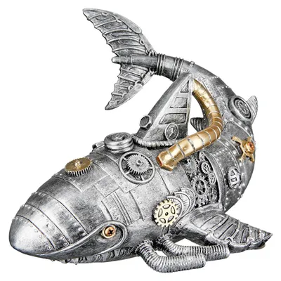 Produktbild von Gilde Figur, Hai, "Steampunk shark", Kunstharz, silberfarben, VE 2, L. 23 cm, B. 17.5 cm, H. 16.5 cm 37727 4063387377277