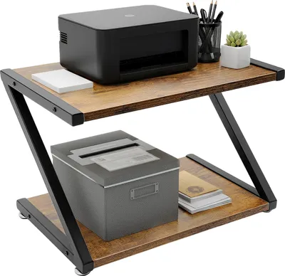 Image de Support pour imprimante, acier au carbone et MDF, 60 cm x 40 cm x 75 cm, 2 niveaux, noir et marron, en forme de Z