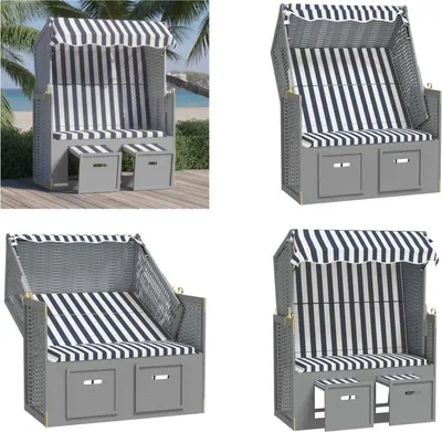 Produktbild von vidaXL Strandkorb mit Dach Poly Rattan und Massivholz Blau & Weiß - Strandkorb - Strandkörbe - Sonnenliege - Strandliege