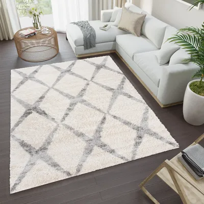 Produktbild von Teppich Wohnzimmer Schlafzimmer Meliert Modern Design Shaggy Hochflor Langflor Creme Grau 120 x 170 cm