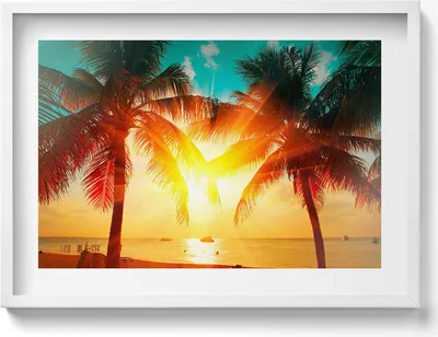 Produktbild von Urlaubsansicht - Palmen bei Sonnenuntergang– Wandbild mit Rahmen – Gerahmtes Bild  – Wanddekoration – 70x50 cm –  Weiß Rahmen