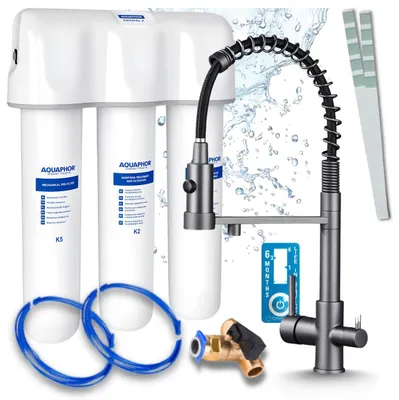 Produktbild von Ari 3-Wege-Küchenarmatur Solid Spring, Graphit, Ausziehbare Spültischarmatur Im Set Mit Aquaphor Kristall A Wasserfiltersystem