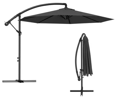 Image de Parasol de jardin en aluminium, diamètre 300 cm, avec manivelle, hauteur réglable, protection UV 40+, couleur gris foncé