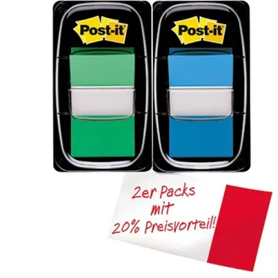 Produktbild von 3M Post-it - Index-Streifen mit Spender - 25.4 x 43.2 mm - 50 Blatt - Blau, Grün (Packung mit 2)