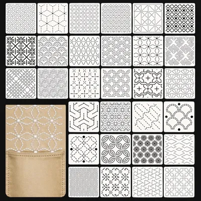 Produktbild von Sashiko Schablonen Set - 30 Stück geometrische Muster - für Handquilten und Nähen - 10x10 cm